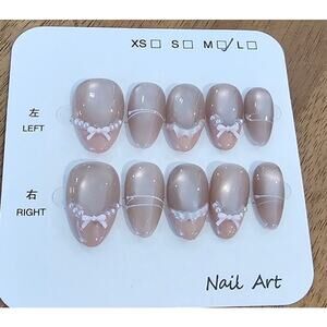 Beautiful Beige & Pink French Tip with Bow| Press on Nails | Sz Medium